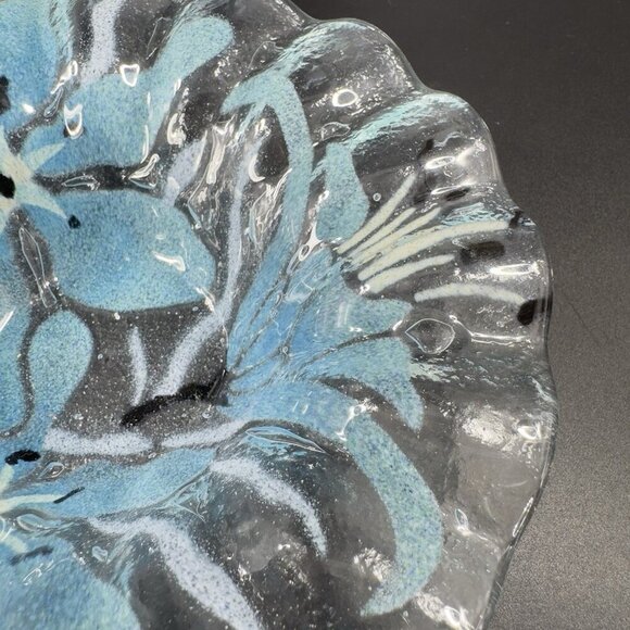 Sydenstricker Bowl Dish Fused Art Glass Ruffled Bowl Clear Blue Flowers Signed - Picture 10 of 15